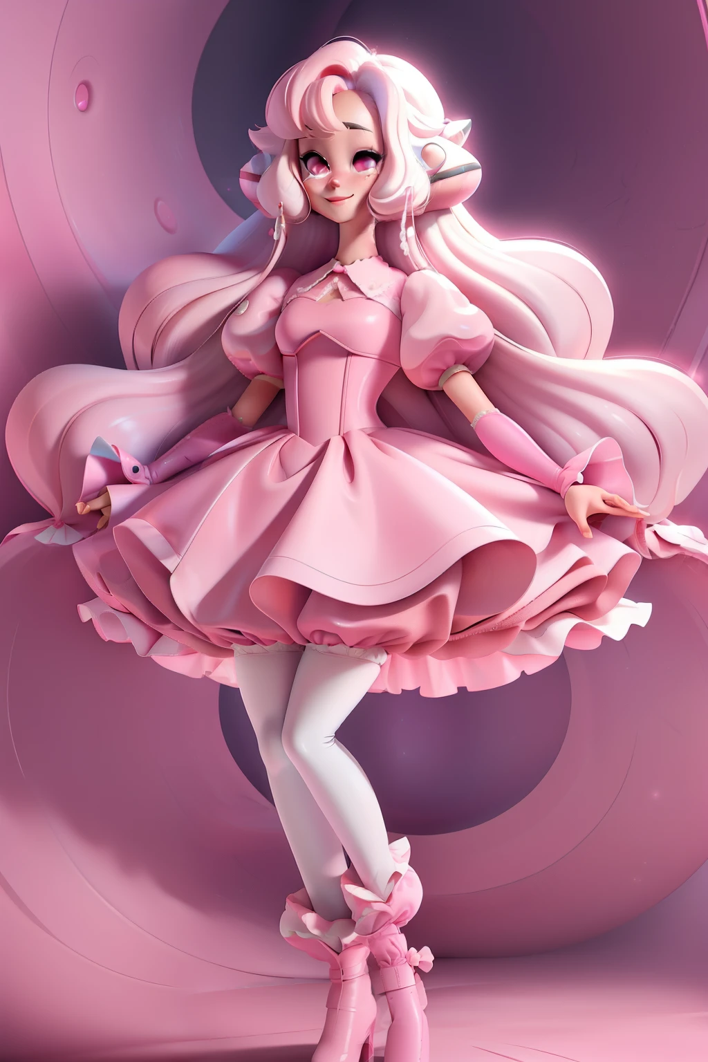 pnkdamond, pink hair, pink eyes, big hair, stomach gem, pink skin, toned,
puffy short sleeves, elbow gloves , white thighhighs, puffy dress,
standing, upper body,
outerspace,
(insanely detailed, beautiful detailed face,beautiful detailed eyes, masterpiece, best quality) cinematic lighting, smile,