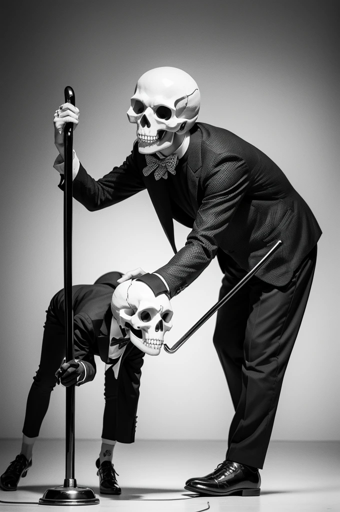 Skull drawing tap dancing with a cane, in black and white