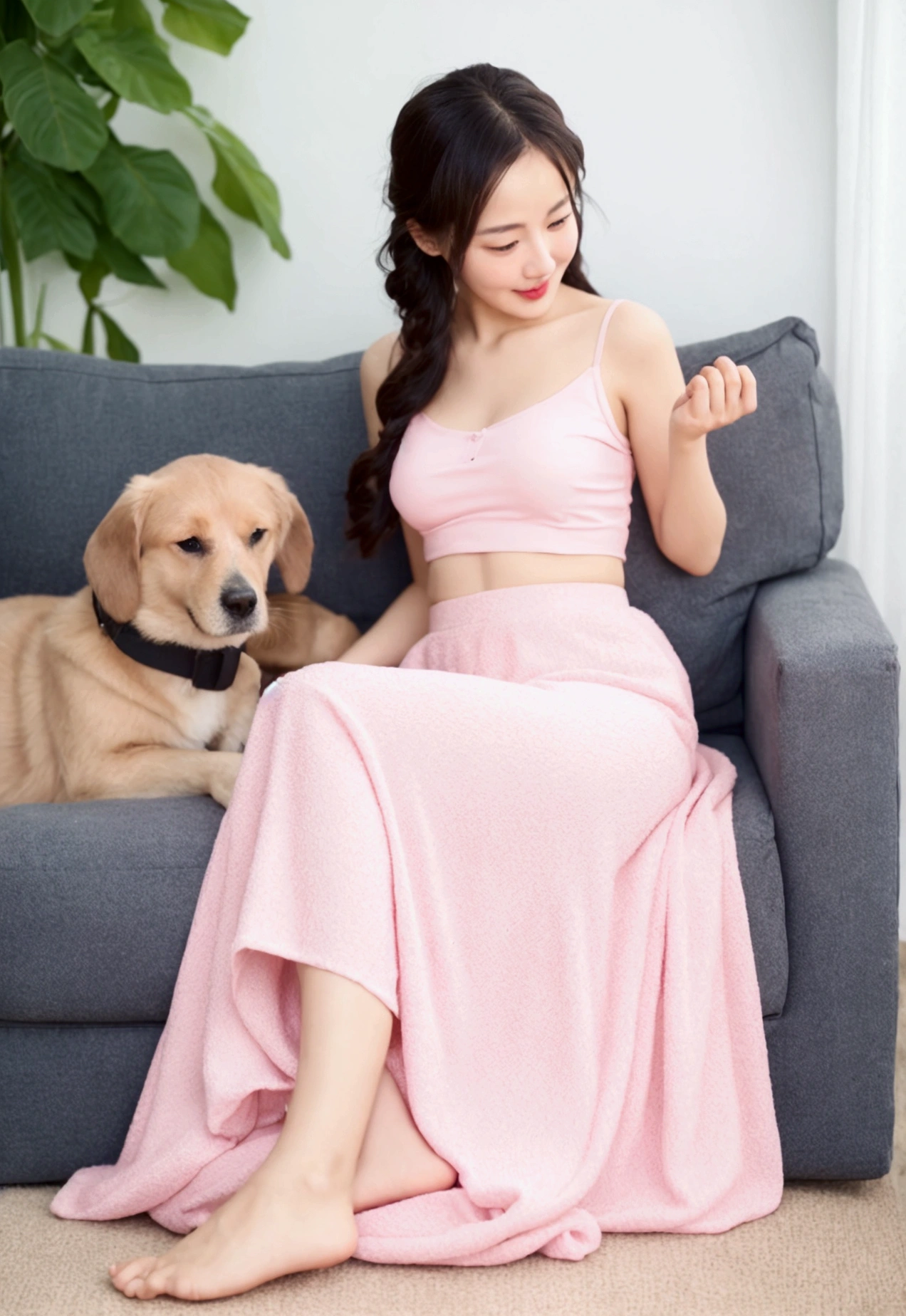 A long skirt of soft pink fabric with thick thighs,there are dog toys next door. We are sitting on a soft black sofa.