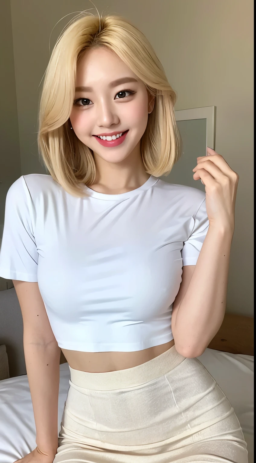 White tight shirt、White tight mini skirt、bed、smile、Short sleeve、high resolution、Korean idol face、double eyelid、White teeth、Medium Hair、Blonde