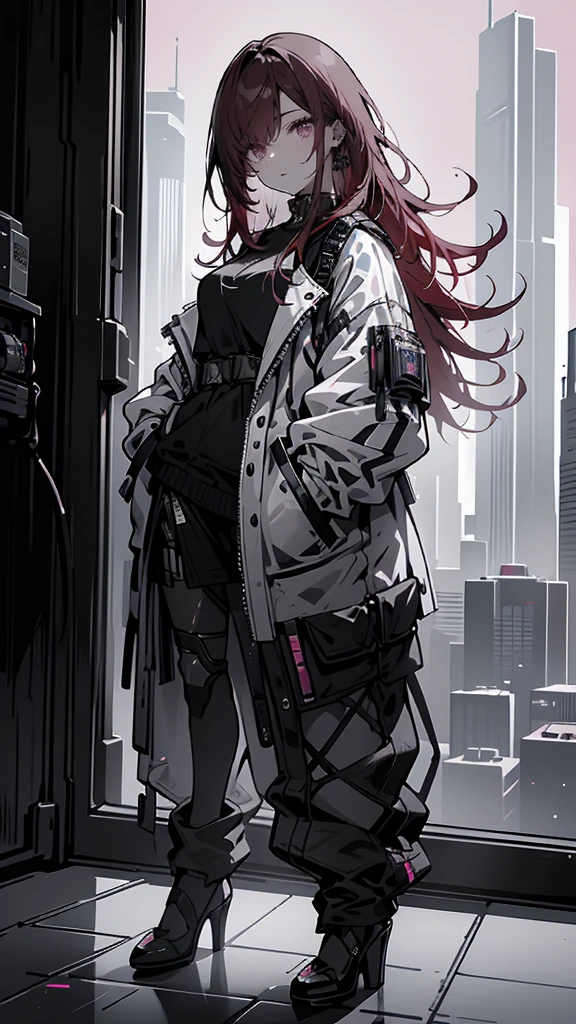 detailed portrait of a beautiful girl with red hair, blue eyes, wearing cyberpunk style clothing with hand in pocket, against a pink background with black high heels, highly detailed, 4k, photorealistic, cinematic lighting