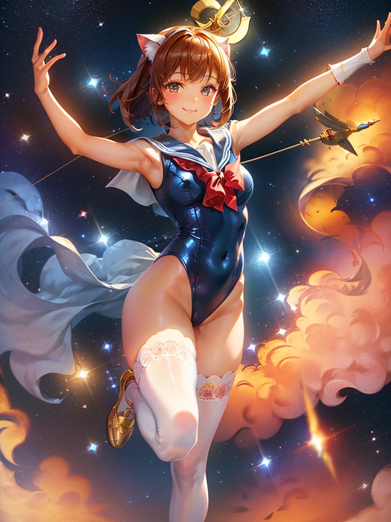 Highest quality,Highest Resolution,Masterpiece,(((A beautiful girl in a sailor leotard with a smile on her face))),High leg,Frills,White knee-high stockings,,Red tie,Cat ear,(((Halation))),Brown hair short bob,(((Elaborate:archery))),White angel wings on the back,universe,Milky Way,Meteor,dark,Bow of Light,whole body,Bow of Light,A distant view,Side view,(((Draw the bow))),Halo,