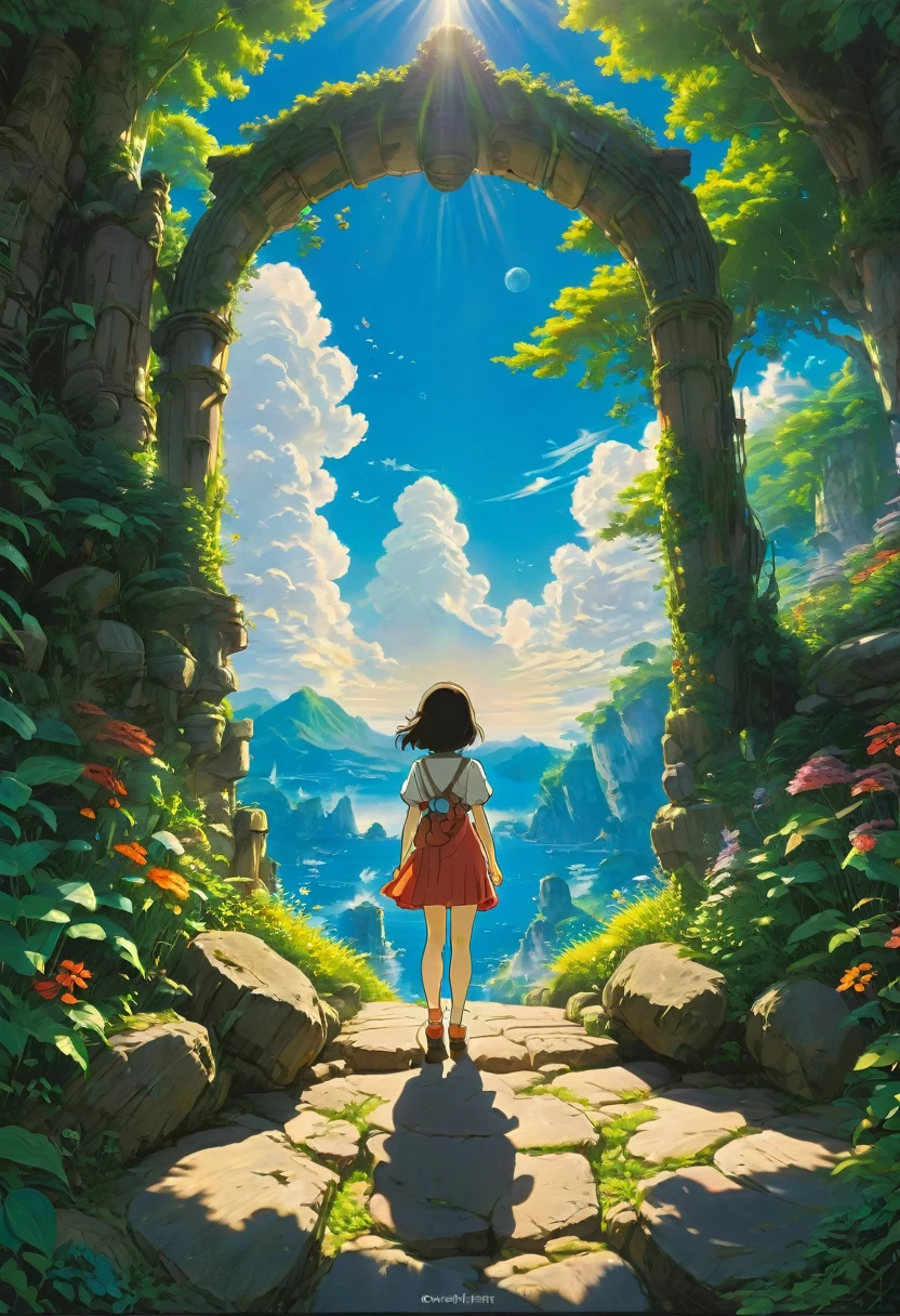 "In strong sunshine、Back view of a young woman standing in the shade", Studio Ghibli, Highest quality, masterpiece, so beautiful, Perfect composition, Intricate details, Very detailed
