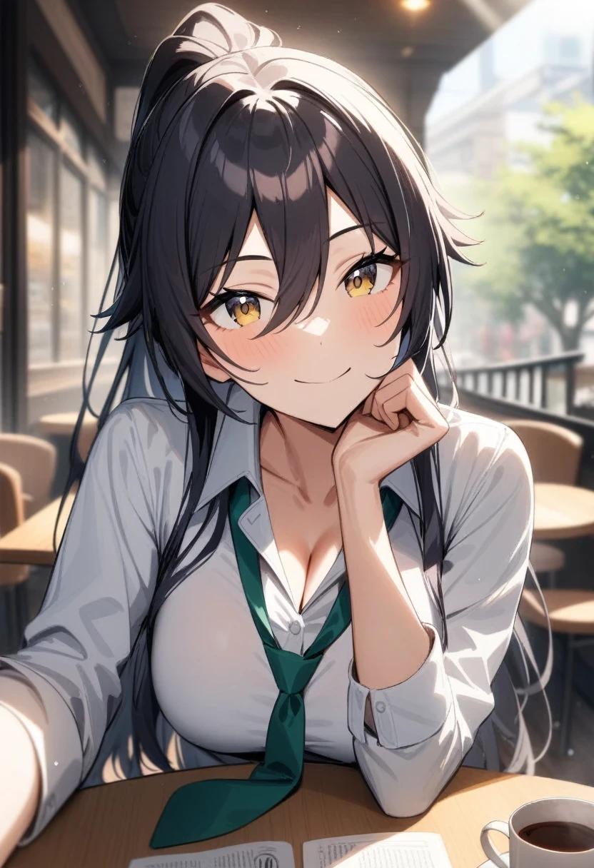 masterpiece, best quality, very aesthetic, absurdres, 1girl, shirase sakuya, idolmaster shiny colors, looking at viewer, high ponytail, bangs, eyebrows, large breasts, collared shirt, green necktie, loose necktie, head rest, reaching towards viewer, smile, pov across table, cafe, sunlight