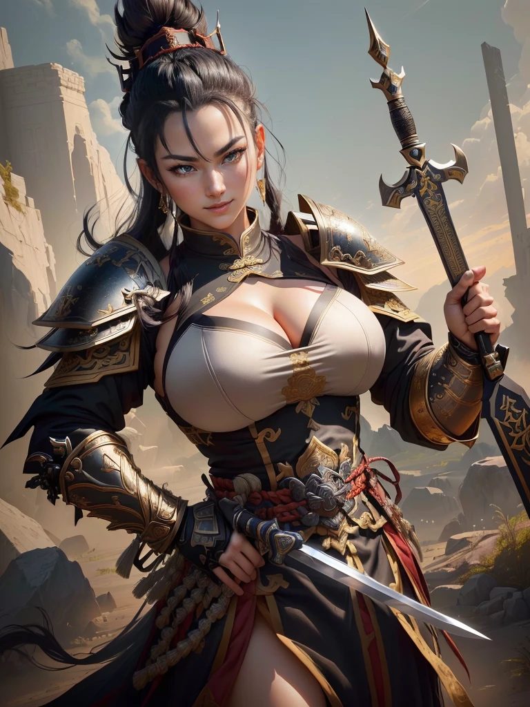 a man in armor with a black mohawk and a sword, inspired by Li Kan, guan yu, inspired by Hu Zaobin, inspired by Huang Shen, inspired by Huang Ding, inspired by Wu Bin, bian lian, inspired by Li Gonglin, chinese three kingdoms, inspired by Li Cheng, genghis khan, inspired by Pu Hua, Highly detailed CG unit 8k wallpaper, masterpiece, High resolution, highest quality, highest quality real texture skin, Super Real, Digital Painting, Best image quality, 最High resolution, 8k, (((Highly detailed eyes and face, Beautiful eyes every detail))), disproportionate breasts, huge breasts, sagging breasts, gigantic breasts, evil grin, evil smile,