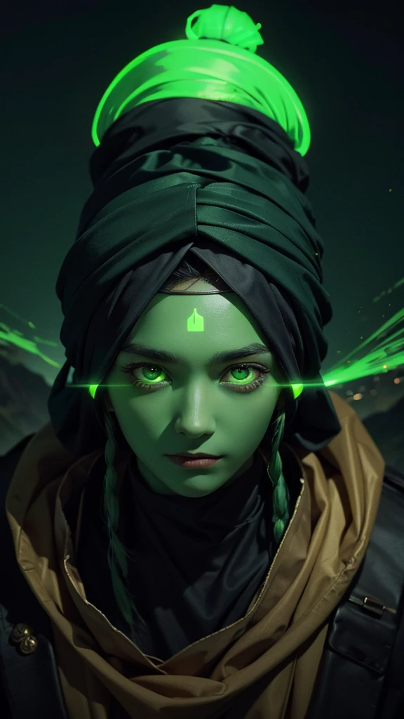 Human man in green turban, Has a mysterious and dark face, eyes flashing green, Glowing landscape in the background
