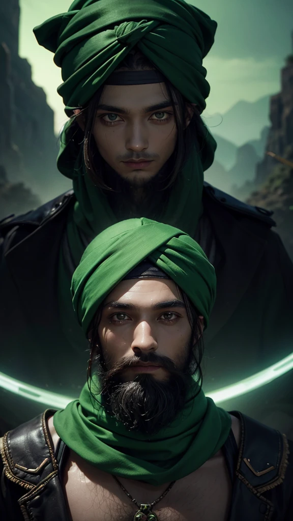 Human man in green turban, Has a mysterious and dark face, eyes flashing green, Glowing landscape in the background