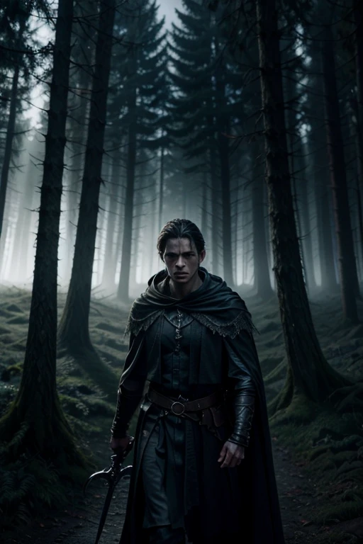 a professional hunter of witches, game style, professional photo, realistic, highly detailed, 8k resolution, hyperrealistic, cinematic lighting, dark fantasy, dramatic lighting, moody atmosphere, dynamic pose, powerful expression, intense gaze, muscular build, in the depths of a dark forest, wearing a long dark cloak, holding a silver sword, surrounded by mystical energy, glowing runes, fog and mist, dramatic chiaroscuro lighting, ethereal and otherworldly
