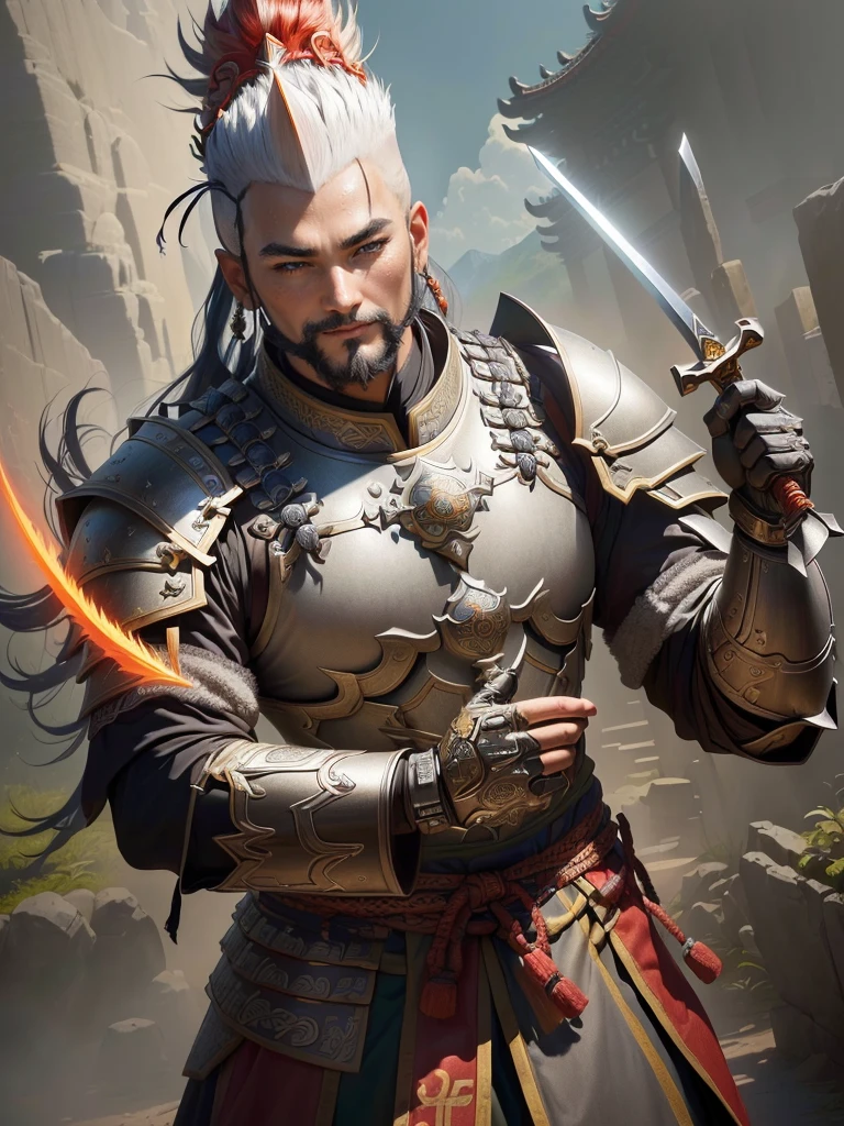a man in armor with a mohawk and a sword, inspired by Li Kan, guan yu, inspired by Hu Zaobin, inspired by Huang Shen, inspired by Huang Ding, inspired by Wu Bin, bian lian, inspired by Li Gonglin, chinese three kingdoms, inspired by Li Cheng, genghis khan, inspired by Pu Hua, Highly detailed CG unit 8k wallpaper, masterpiece, High resolution, highest quality, highest quality real texture skin, Super Real, Digital Painting, Best image quality, 最High resolution, 8k, (((Highly detailed eyes and face, Beautiful eyes every detail))), disproportionate breasts, huge breasts, sagging breasts, gigantic breasts, evil grin, evil smile, 