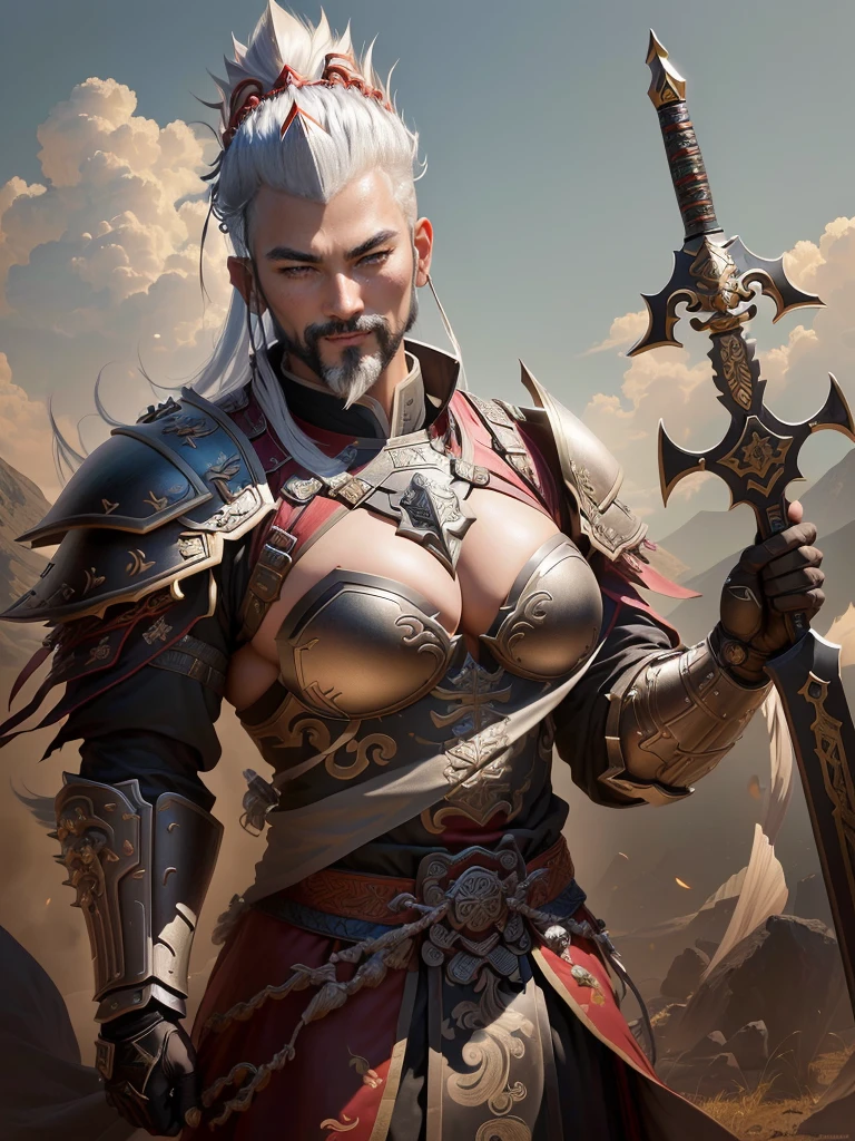 a man in armor with a mohawk and a sword, inspired by Li Kan, guan yu, inspired by Hu Zaobin, inspired by Huang Shen, inspired by Huang Ding, inspired by Wu Bin, bian lian, inspired by Li Gonglin, chinese three kingdoms, inspired by Li Cheng, genghis khan, inspired by Pu Hua, Highly detailed CG unit 8k wallpaper, masterpiece, High resolution, highest quality, highest quality real texture skin, Super Real, Digital Painting, Best image quality, 最High resolution, 8k, (((Highly detailed eyes and face, Beautiful eyes every detail))), disproportionate breasts, huge breasts, sagging breasts, gigantic breasts, evil grin, evil smile,