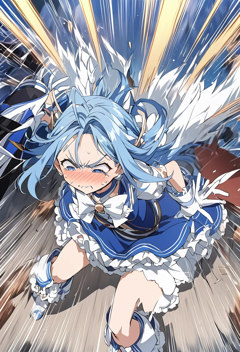 キュアホワイト from "ふたりはプリキュア", anime style, detailed hair and costume, long flowing blue hair, white and blue frilly dress, white gloves and boots, holding her ears with both hands, blushing cheeks, in pain, suffering from enemy's sonic attack, dynamic and intense scene, background with sound waves