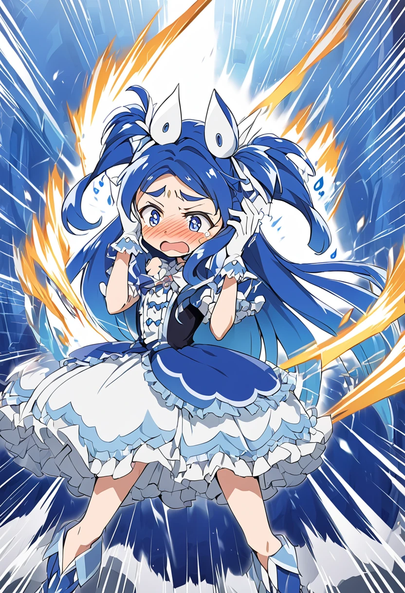キュアホワイト from "ふたりはプリキュア", anime style, detailed hair and costume, long flowing blue hair, white and blue frilly dress, white gloves and boots, holding her ears with both hands, blushing cheeks, in pain, suffering from enemy's sonic attack, dynamic and intense scene, background with sound waves
