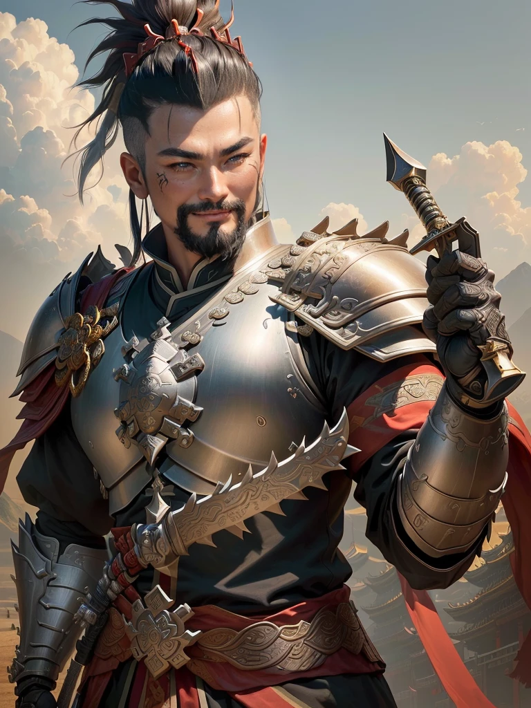 a man in armor with a mohawk and a sword, inspired by Li Kan, guan yu, inspired by Hu Zaobin, inspired by Huang Shen, inspired by Huang Ding, inspired by Wu Bin, bian lian, inspired by Li Gonglin, chinese three kingdoms, inspired by Li Cheng, genghis khan, inspired by Pu Hua, Highly detailed CG unit 8k wallpaper, masterpiece, High resolution, highest quality, highest quality real texture skin, Super Real, Digital Painting, Best image quality, 最High resolution, 8k, (((Highly detailed eyes and face, Beautiful eyes every detail))), disproportionate breasts, huge breasts, sagging breasts, gigantic breasts, evil grin, evil smile, 