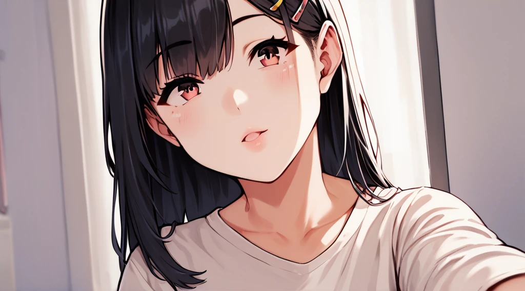 score_9, score_8_Excellent, score_7_Excellent,   Cowboy Shot, From the side,  One Girl, smartphone,  Selfie,  amount,  Hair Clip, Voice of the Heart, Black Hair, bangs,
,   