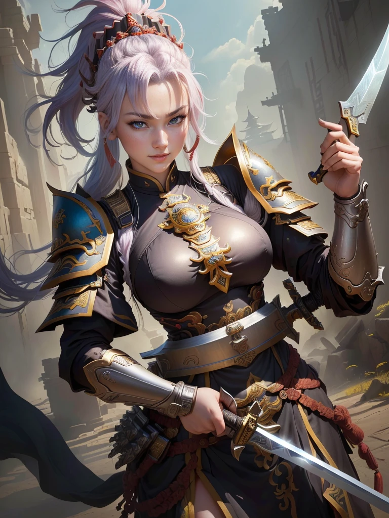 a woman in armor with a mohawk and a sword, inspired by Li Kan, guan yu, inspired by Hu Zaobin, inspired by Huang Shen, inspired by Huang Ding, inspired by Wu Bin, bian lian, inspired by Li Gonglin, chinese three kingdoms, inspired by Li Cheng, genghis khan, inspired by Pu Hua, Highly detailed CG unit 8k wallpaper, masterpiece, High resolution, highest quality, highest quality real texture skin, Super Real, Digital Painting, Best image quality, 最High resolution, 8k, (((Highly detailed eyes and face, Beautiful eyes every detail))), disproportionate breasts, huge breasts, sagging breasts, gigantic breasts, evil grin, evil smile, 