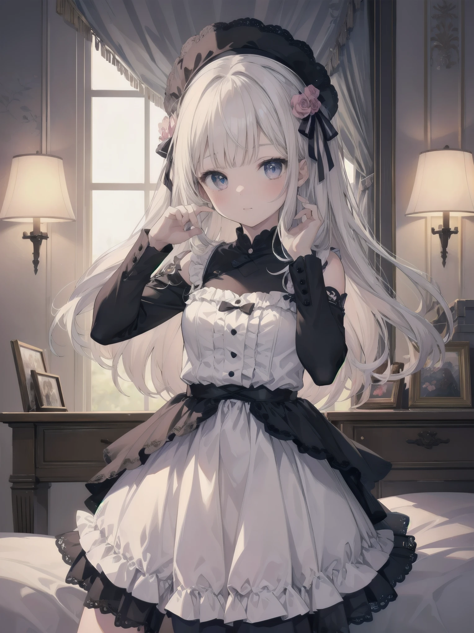 masterpiece, illustration, ultra detailed, kawaii, one girl, solo, sister in super cute pose, bedroom, cowboy shot, SFW, dynamic angle