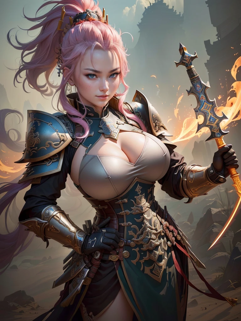 a woman in armor with a mohawk and a sword, inspired by Li Kan, guan yu, inspired by Hu Zaobin, inspired by Huang Shen, inspired by Huang Ding, inspired by Wu Bin, bian lian, inspired by Li Gonglin, chinese three kingdoms, inspired by Li Cheng, genghis khan, inspired by Pu Hua, Highly detailed CG unit 8k wallpaper, masterpiece, High resolution, highest quality, highest quality real texture skin, Super Real, Digital Painting, Best image quality, 最High resolution, 8k, (((Highly detailed eyes and face, Beautiful eyes every detail))), disproportionate breasts, huge breasts, sagging breasts, gigantic breasts, evil grin, evil smile,