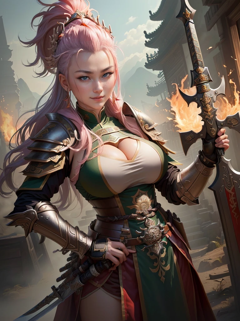 a woman in armor with a mohawk and a sword, inspired by Li Kan, guan yu, inspired by Hu Zaobin, inspired by Huang Shen, inspired by Huang Ding, inspired by Wu Bin, bian lian, inspired by Li Gonglin, chinese three kingdoms, inspired by Li Cheng, genghis khan, inspired by Pu Hua, Highly detailed CG unit 8k wallpaper, masterpiece, High resolution, highest quality, highest quality real texture skin, Super Real, Digital Painting, Best image quality, 最High resolution, 8k, (((Highly detailed eyes and face, Beautiful eyes every detail))), disproportionate breasts, huge breasts, sagging breasts, gigantic breasts, evil grin, evil smile,