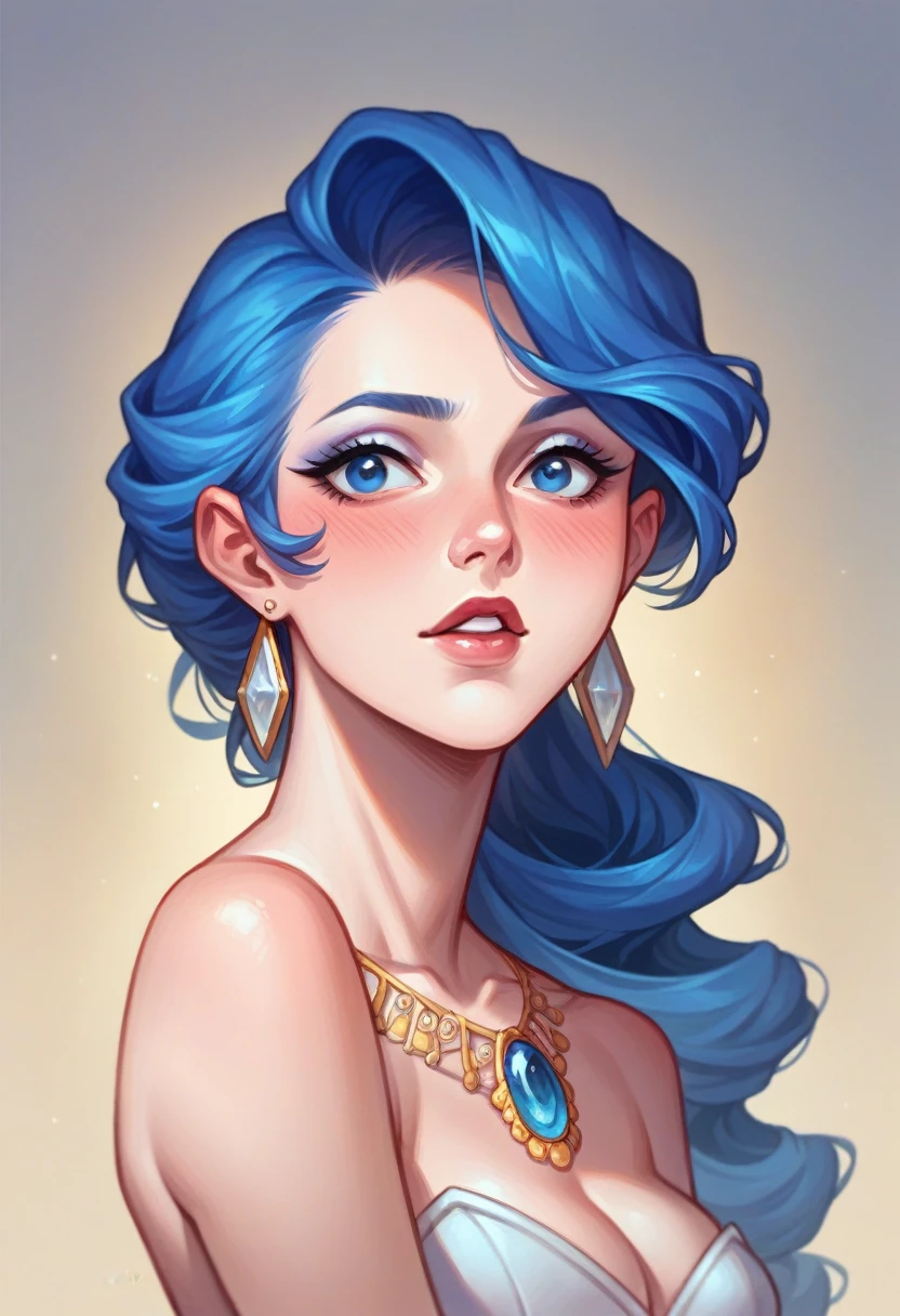 1 fille, Longhaire, , Regardant le spectateur, ssmile, blushed, blue eye, jewels, blue hair, American plan, tetas grandes, blue eye, Parted Lips, makeup,