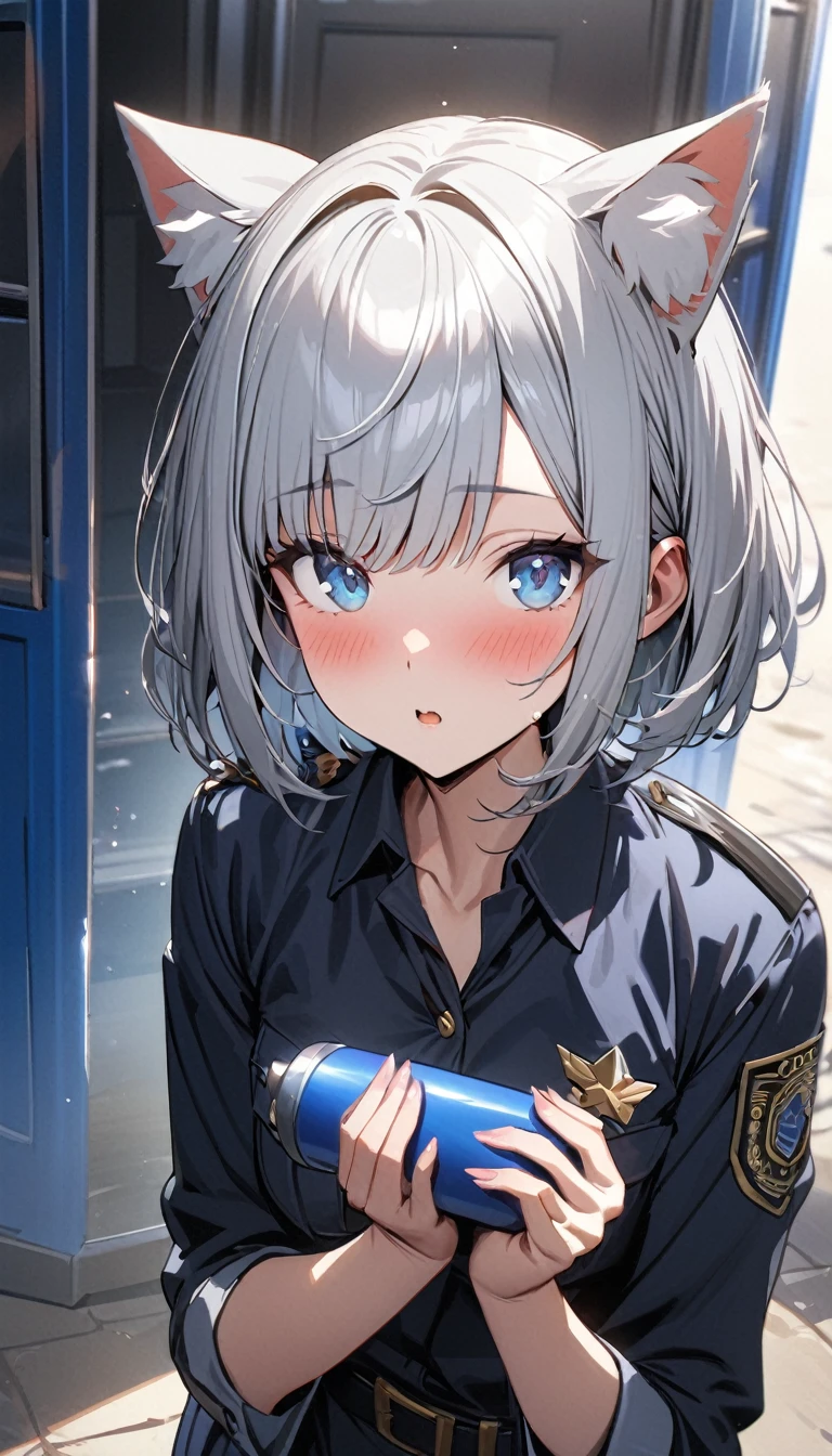 1girl、(((best quality)), ((masterpiece)), (details), masterpiece, best quality, high quality, ulutra detailed, perfect face, ((1girl, Blue eyes, cat ears: 1.3 silver bob hair: 2.5,)) 、Shiny Hair、Glowing Skin、blush、Lustful look、whole body、Police Officer Costume、Holding a piko-piko hammer、Background of the police box