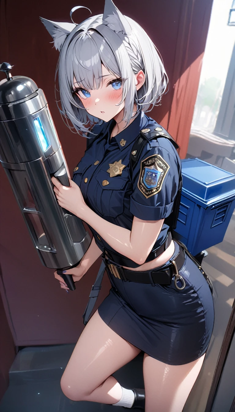 1girl、(((best quality)), ((masterpiece)), (details), masterpiece, best quality, high quality, ulutra detailed, perfect face, ((1girl, Blue eyes, cat ears: 1.3 silver bob hair: 2.5,)) 、Shiny Hair、Glowing Skin、blush、Lustful look、whole body、Police Officer Costume、Holding a piko-piko hammer、Background of the police box