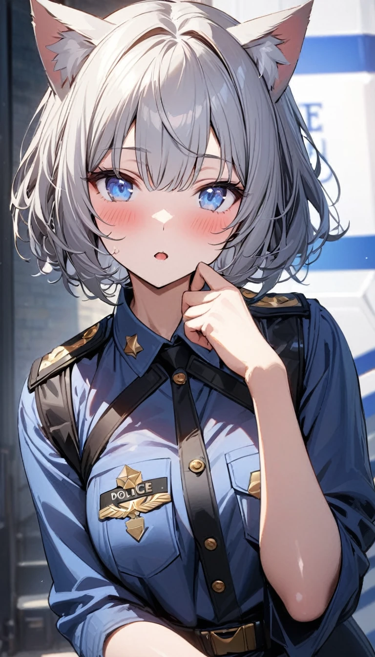 1girl、(((best quality)), ((masterpiece)), (details), masterpiece, best quality, high quality, ulutra detailed, perfect face, ((1girl, Blue eyes, cat ears: 1.3 silver bob hair: 2.5,)) 、Shiny Hair、Glowing Skin、blush、Lustful look、whole body、Police Officer Costume、Holding a piko-piko hammer、Background of the police box