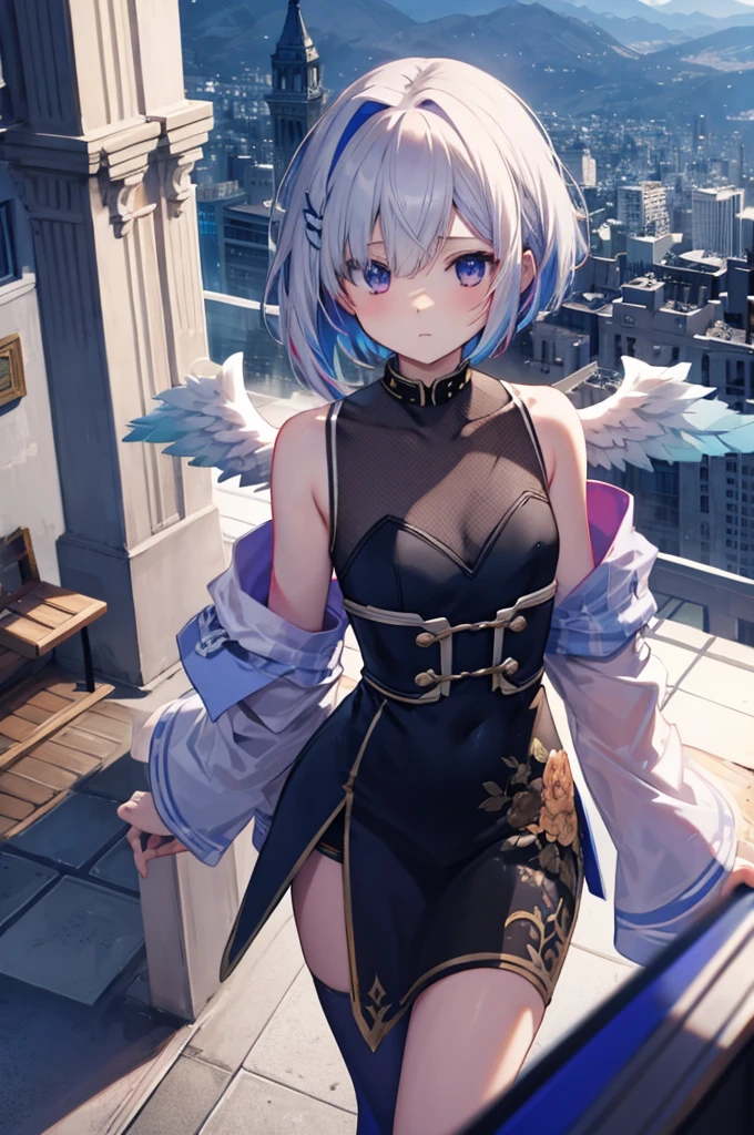 On top of a building、Overlooking the city、A fleeting expression、short hair、Small Wings、Shot from above、Concept Art、masterpiece、high resolution、Small breasts、Dynamic Angles