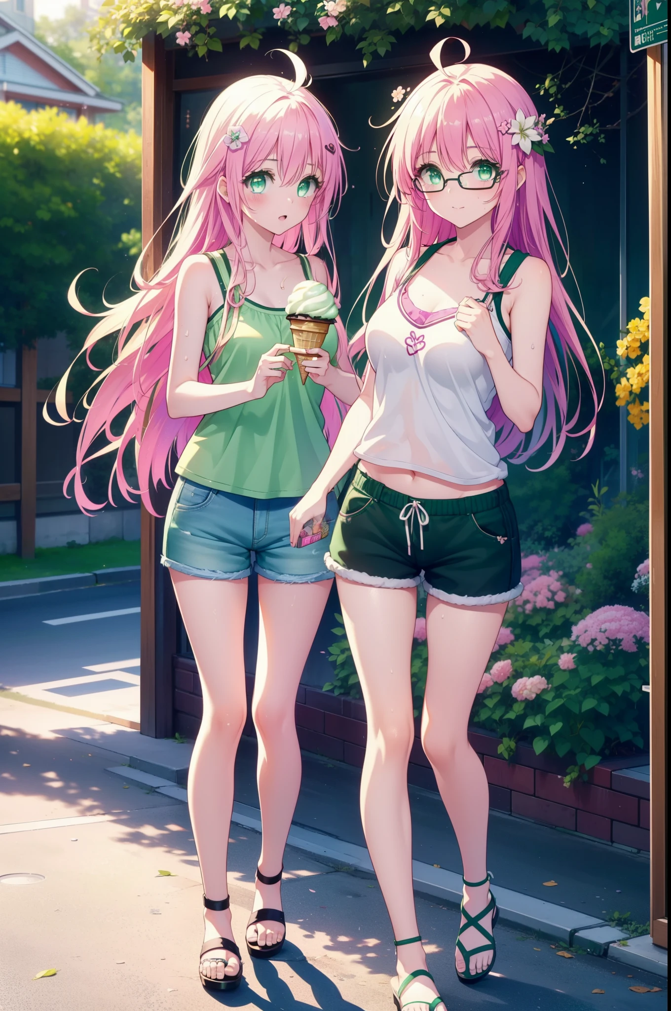 Laladevi Luke, Lara Deviluke, Long Hair, Pink Hair, tail, Ahoge, bangs, hair ornaments, (Green Eyes:1.5), smile,Open your mouth,demon tail, Tank top,Shorts,Heeled Sandals,Black-rimmed glasses,Holding ice cream in one hand,Eating ice cream,Walking,noon,Clear skies,True Summer,Sweat,whole bodyがイラストに入るように,
break outdoors, In town,
break looking at viewer, whole body,
break (masterpiece:1.2), Highest quality, High resolution, unity 8k wallpaper, (figure:0.8), (beautiful detailed eyes:1.6), extremely detailed face, Perfect lighting, extremely detailed CG, (Perfect hands, Perfect Anatomy),