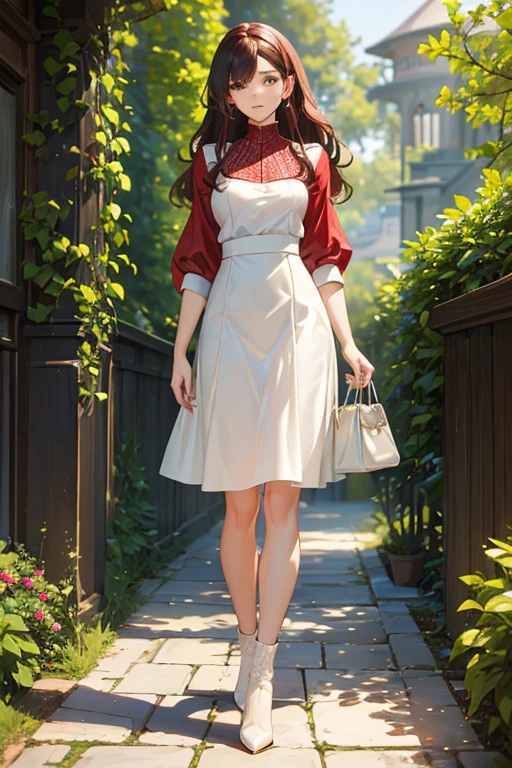 ((masterpiece, best quality, ultra-detailed)), beautiful woman walking through garden, red blouse, white midi pencil skirt, black leather boots, full body, long brown hair, wavy hair