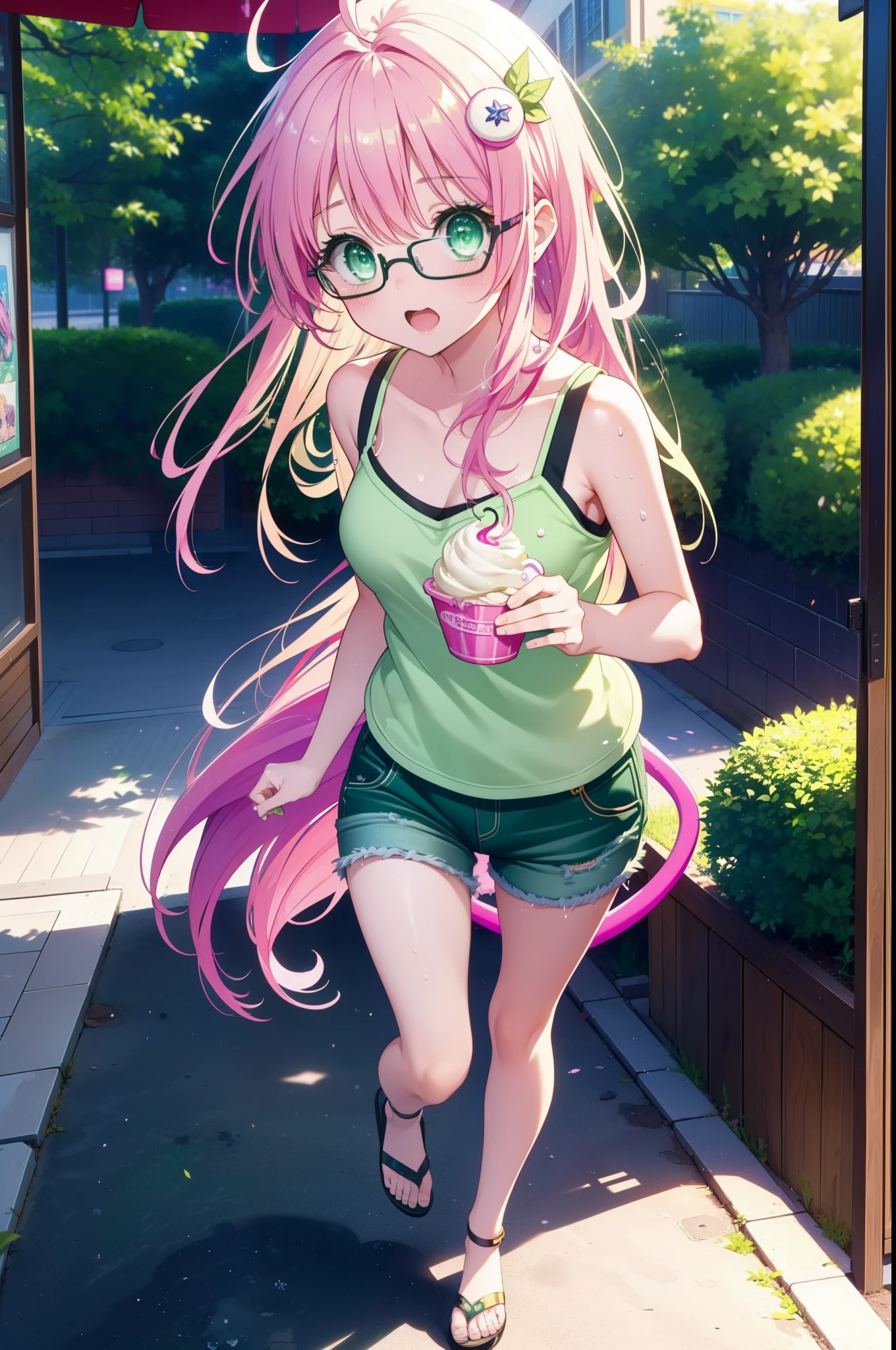 Laladevi Luke, Lara Deviluke, Long Hair, Pink Hair, tail, Ahoge, bangs, hair ornaments, (Green Eyes:1.5), smile,Open your mouth,demon tail, Tank top,Shorts,Heeled Sandals,Black-rimmed glasses,Holding ice cream in one hand,Eating ice cream,Walking,noon,Clear skies,True Summer,Sweat,whole bodyがイラストに入るように,
break outdoors, In town,
break looking at viewer, whole body,
break (masterpiece:1.2), Highest quality, High resolution, unity 8k wallpaper, (figure:0.8), (beautiful detailed eyes:1.6), extremely detailed face, Perfect lighting, extremely detailed CG, (Perfect hands, Perfect Anatomy),