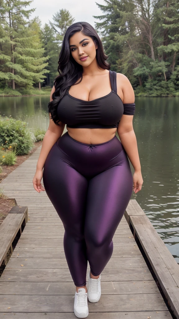 swastika mukharjee Indian beautiful woman curvy plus size hour glass bulky huge figure woman, closeup camera view, big huge m-cup breast, wearing SHEIN Young Girl Drop Shoulder Hooded Tee & Leggings Color: Mauve Purple , covered Bust , elegant standing position, eye contact view, different style hairstyle, bright eyes, thin eyebrows, fair skin, blushing cheeks, prefect head to toe view, full body, ideal for high-fashion or editorial shoots, ultra realistic skin texture, head to toe view, full body shot, full body view, smile face, black hair, Indian face, perfect skin tone light, ultra realistic skin texture, bigger waist, busty, big hips, fleshy thighs, thick thighs, busty, full body view, Lakeside Dock: A serene lake with a wooden dock.