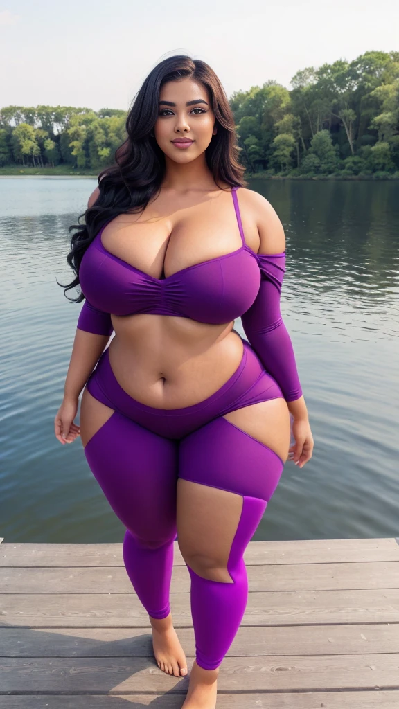 swastika mukharjee Indian beautiful woman curvy plus size hour glass bulky huge figure woman, closeup camera view, big huge m-cup breast, wearing SHEIN Young Girl Drop Shoulder Hooded Tee & Leggings Color: Mauve Purple , covered Bust , elegant standing position, eye contact view, different style hairstyle, bright eyes, thin eyebrows, fair skin, blushing cheeks, prefect head to toe view, full body, ideal for high-fashion or editorial shoots, ultra realistic skin texture, head to toe view, full body shot, full body view, smile face, black hair, Indian face, perfect skin tone light, ultra realistic skin texture, bigger waist, busty, big hips, fleshy thighs, thick thighs, busty, full body view, Lakeside Dock: A serene lake with a wooden dock.