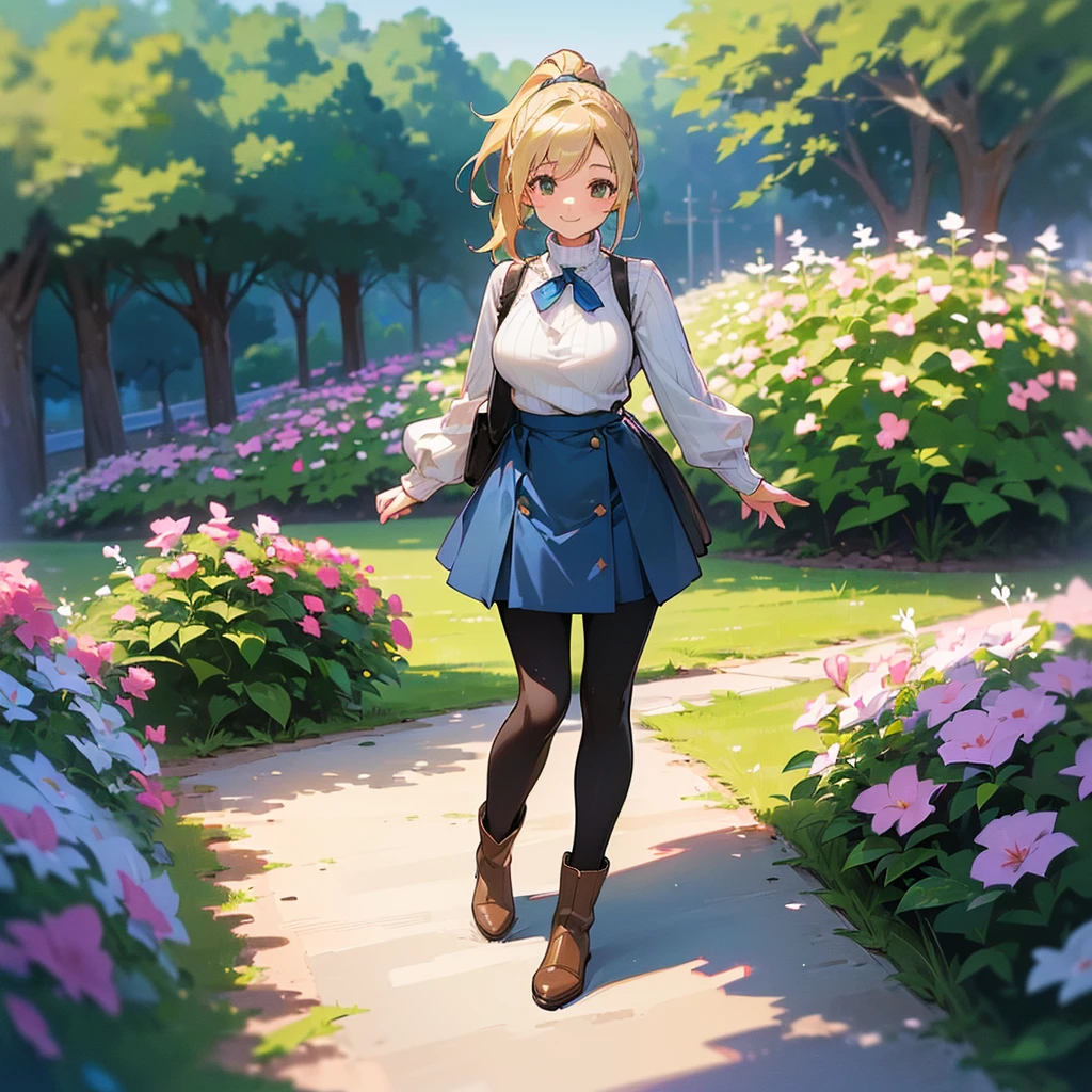 (high quality, High resolution, Very detailed, reality:1.37), Peaceful atmosphere, (Outdoor, garden), Teenage girl standing alone, (my breasts are big.), Beautiful details, Cute Smile, (Blonde Ponytail), Ribbed sweater, Blue Skirt, Black tights, Brown boots.