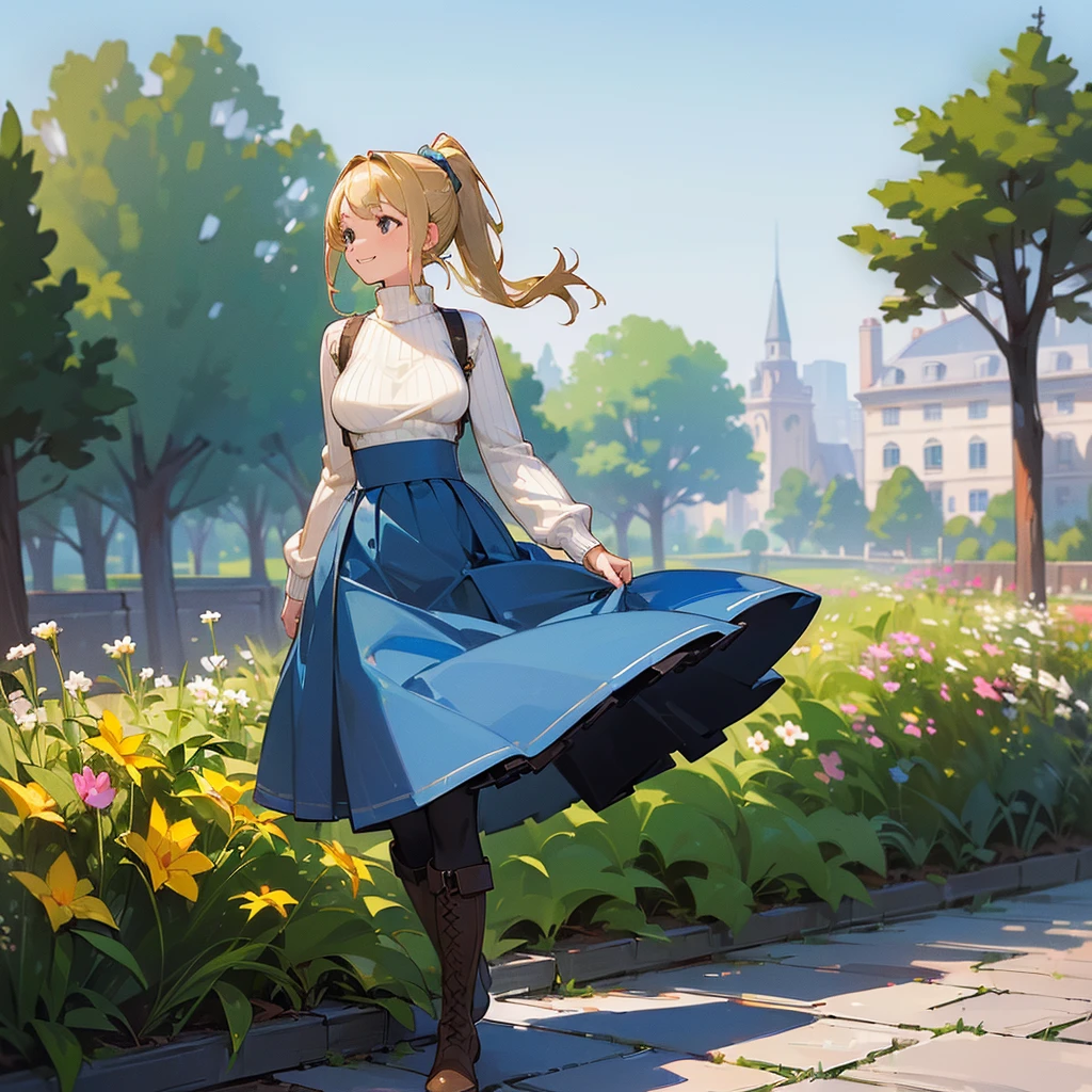 (high quality, High resolution, Very detailed, reality:1.37), Peaceful atmosphere, (Outdoor, garden),  girl standing alone, (my breasts are big.), Beautiful details, Cute Smile, (Blonde Ponytail), Ribbed sweater, Blue Skirt, Black tights, Brown boots.