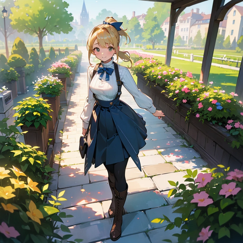 (high quality, High resolution, Very detailed, reality:1.37), Peaceful atmosphere, (Outdoor, garden), Teenage girl standing alone, (my breasts are big.), Beautiful details, Cute Smile, (Blonde Ponytail), Ribbed sweater, Blue Skirt, Black tights, Brown boots.
