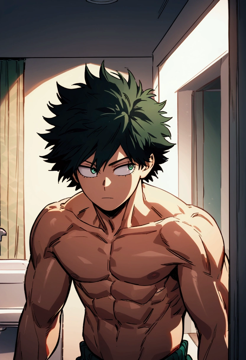 He is a 17 year old teenager, He has slightly disheveled black hair..., somewhat light green eyes, looking straight ahead , muscular body , he is shirtless, in the bathroom . "my hero academia", green power