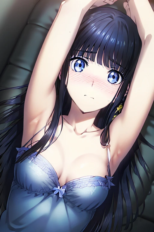 miyukishiba miyuki shiba (azure eyes:1.7), dark black long hair,  (ample chest:1.2), raised arms, embarassed face, blushing, gasping (tied up)
BREAK collarbone, very short and low-cut negligee, bare arms, bare shoulders, bare legs
BREAK looking at viewer,
BREAK indoors,
BREAK (masterpiece:1.2), best quality, high resolution, unity 8k wallpaper, lying on bed with arms up (illustration:0.8), (beautiful detailed eyes:1.6), hips thrusting, extremely detailed face, perfect lighting, extremely detailed CG, (perfect hands, perfect anatomy),