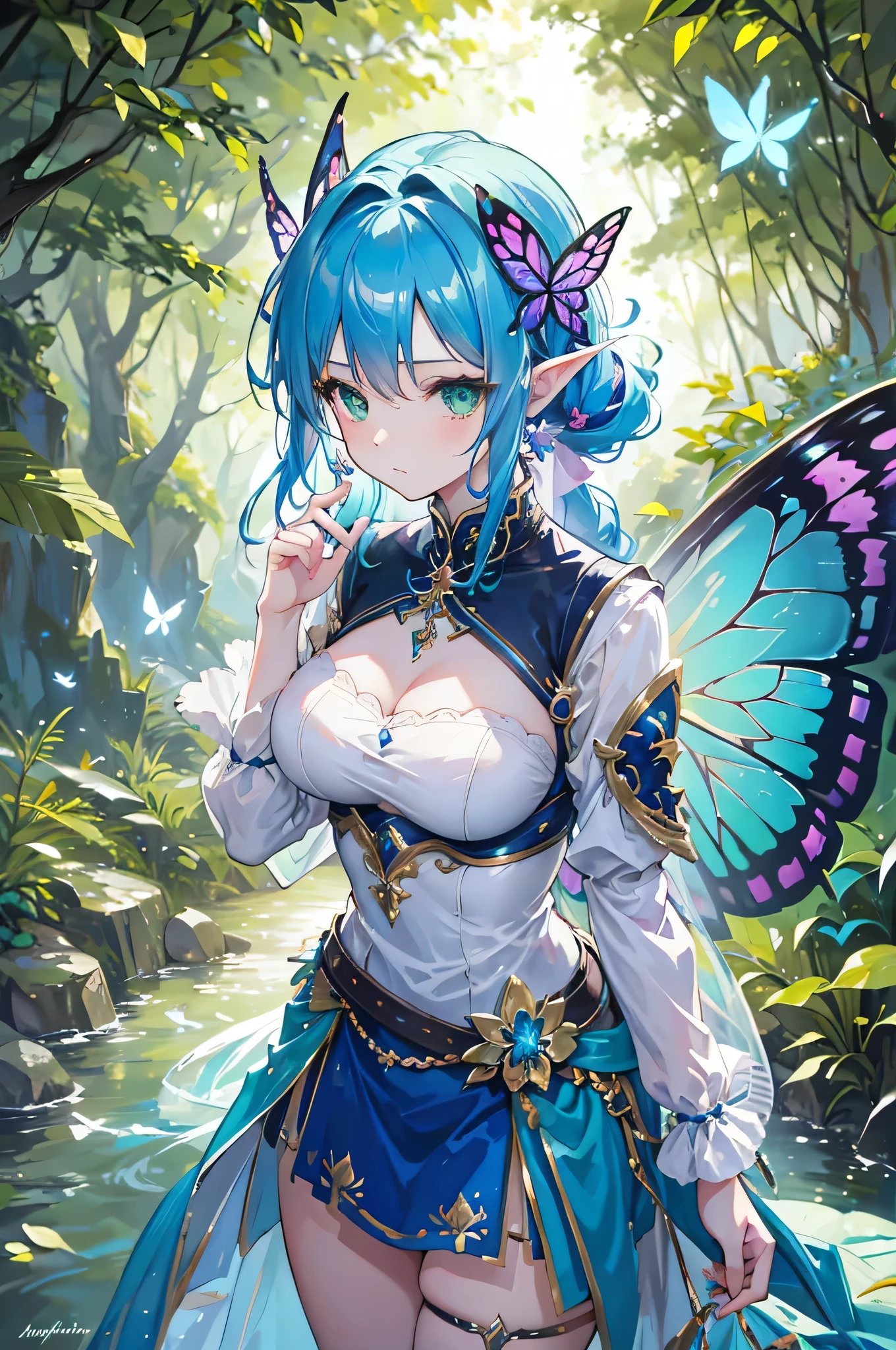 4K,High resolution,One Woman,Fairy,Blue Hair,Long Ponytail,Green Eyes,Big Breasts,butterfly_wings,knight,White knight dress,hair band,Jewelry decoration,Long sword,in the forest