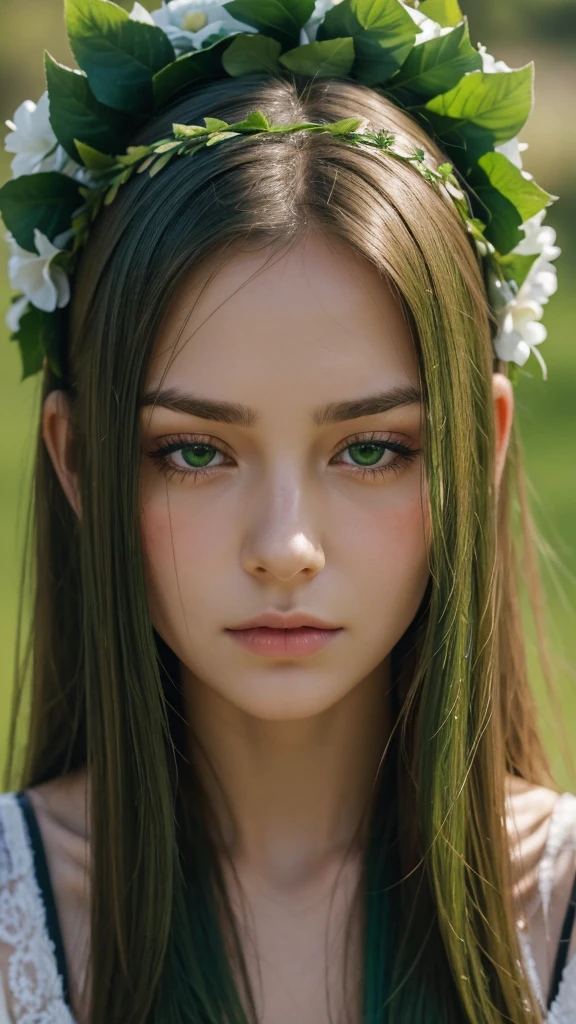 a girl. face sent feeling. Europe. Oval face. long face. delicate facial features. sad closed eyes. seductively seductive. green eyes. long straight hair. green hair. wreath on head. disappointed expression. straight face. outdoor