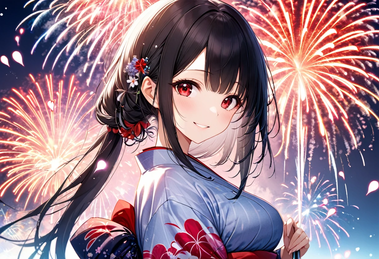 (double exposure:1.4 Heart Shape many:1.2 fireworks), (a straight black hair very long hair ?????? girl, cool red eyes, sexy smile, big tits, in a beautiful yukata), BREAK, 16k, beautiful detailed silhouette.