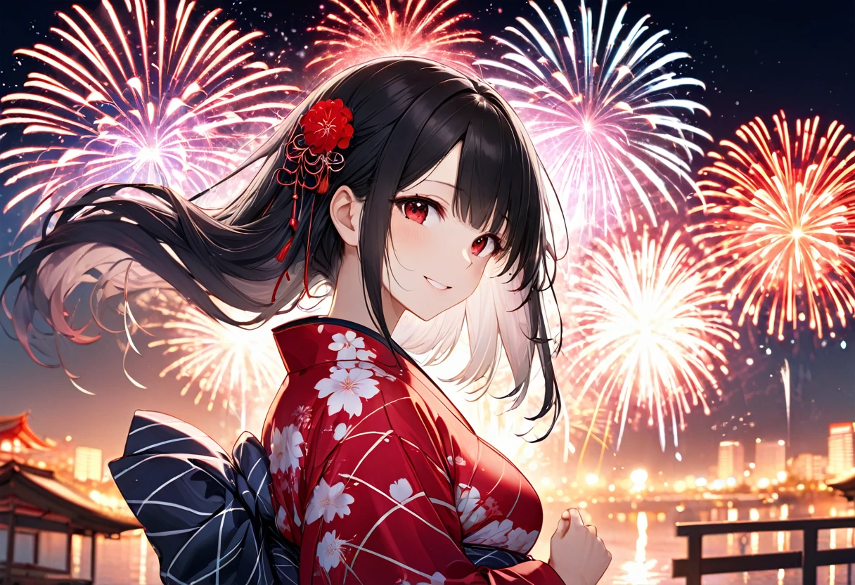 (double exposure:1.4 Heart Shape many:1.2 fireworks), (a straight black hair very long hair sadist girl, cool red eyes, sexy smile, big tits, in a beautiful yukata), BREAK, 16k, beautiful detailed silhouette.
