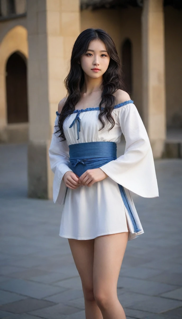 8k, Ultra-high resolution, Highest quality, masterpiece, 三分割法によるphotograph,Surreal, photograph, 1 Girl, (:1.3), pretty girl, Cute Face, Beautiful eyes in every detail, 細かくdetailedに,masterpiece,One Girl:1.2, Japan Female Announcer,full body,disgust,Long black hair,Loose curly hair,(Dressed in medieval European clothing:1.3),(印象派の美しい少女のPortraiture), (Standing in a medieval European square:1.3), (After the Rain), (Sunset reflection), (Impressionist light and colour),Beautiful leg line beauty,Realistic Skin, Perfect and beautiful face ,完璧でCute Face, Skin with attention to detail, Perfect limbs、Narrow waist、Thin legs),Looking at the audience、beauty,Long neck、(((Ideal body type))),A cup small breasts :2,Portraiture:2,Perfect Anatomy,鮮明なdetailed,detailed,Surreal,Light and shadow,darkness