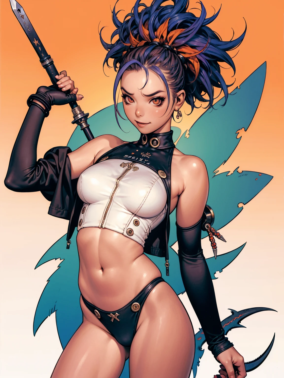 Tank girl with tiny panties and ripped top, crazy face, sarcastic smile, punk hair, mohawk hair, colored hair, slim and well-defined body, Waist slender, nude belly, coxas nuas, Dirty laundry, world after apocalypse, wasteland, sexly, pose de atitude, Create a cool character for a gacha game based on the game Zenless Zone Zero, female character in devil clothes in warm colors, S-level fire elemental character, devil horns and tail, beautiful and cute face, nymph body, lolly, haughty, devilish smile, wielding a serrated sword, pose de atitude, aggressive movements, Shark teeth