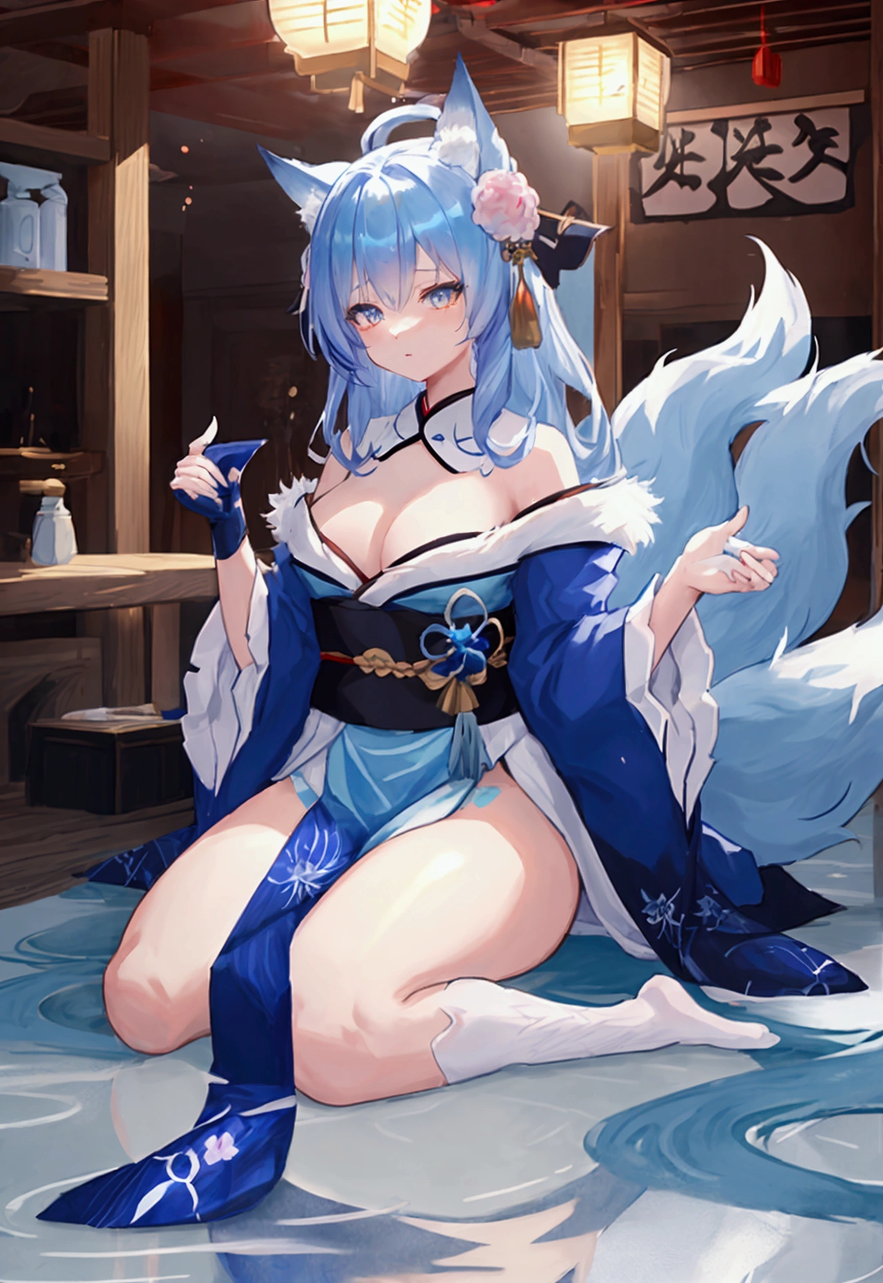 fox Light blue hair 　beast girl　indigo fur　fox beast girl　fox Light blue hair 　beast girl　indigo fur　fox beast girl　Wallpaper 4k,8k,highly detailled,,vivid colors,detailed kitsune with 9 tails,traditional Japanese artwork,tatami floor,beautiful cherry blossoms,floating lanterns,dark silhouette of a pagoda,subtle moonlight,dense forest,ethereal atmosphere,dappled sunlight,whimsical spirit,serene expression,elaborate kimono and obi,delicate hand-painted details,luminous eyes　Anime Style　fox　blue　White-faced golden-haired nine-tailed fox　Coat blue　　　mysterious background　Blue Flame　girl　have a ball of light Anime Style　fox　blue　White-faced golden-haired nine-tailed fox　Coat blue　　　mysterious background　Blue Flame　girl　have a ball of light