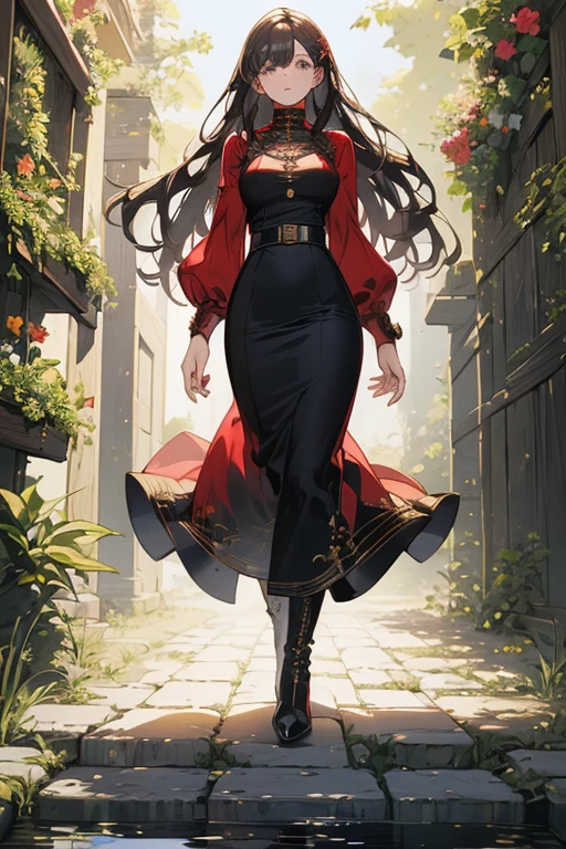 ((masterpiece, best quality, ultra-detailed)), beautiful woman walking through garden, red blouse, white midi pencil skirt, black leather boots, full body, long brown hair, wavy hair