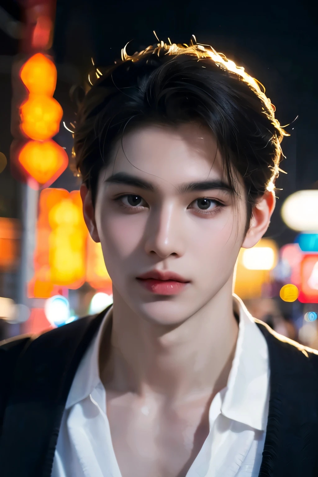 ((highest quality, 8K, masterpiece: 1.3)), Tokyo City、Handsome boy in street fashion:1.5, 20-year-old、Delinquent boy、 well-groomed face, black hair color、thin face、（white skin:1.5）、whole body、black eyes、boy with makeup、Super handsome、sexy eyes、Extra-fine face, handsome nose, small eyes and face, beautiful lighting, High resolution, detailed mouth, smile, whole body: 1.5, perfect body shape、super slim，medium hair、silver accessories、center, (full-length) 