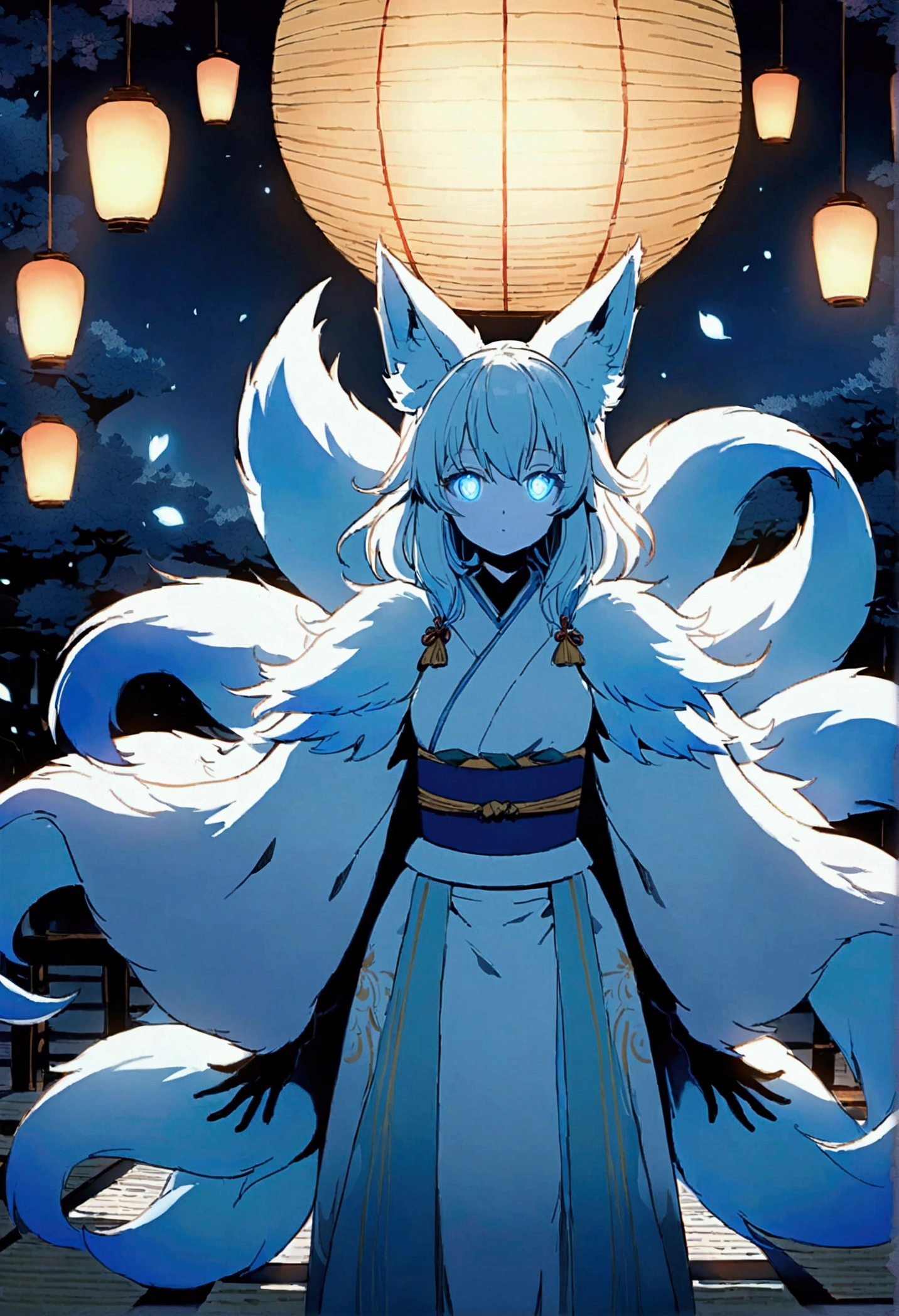 fox Light blue hair 　beast girl　indigo fur　fox beast girl　fox Light blue hair 　beast girl　indigo fur　fox beast girl　Wallpaper 4k,8k,highly detailled,,vivid colors,detailed kitsune with 9 tails,traditional Japanese artwork,tatami floor,beautiful cherry blossoms,floating lanterns,dark silhouette of a pagoda,subtle moonlight,dense forest,ethereal atmosphere,dappled sunlight,whimsical spirit,serene expression,elaborate kimono and obi,delicate hand-painted details,luminous eyes　Anime Style　fox　blue　White-faced golden-haired nine-tailed fox　Coat blue　　fox Light blue hair 　beast girl　indigo fur　fox beast girl　Anime Style　fox　blue　White-faced golden-haired nine-tailed fox　Coat blue　　　mysterious background　Blue Flame　girl　have a ball of light　fox Light blue hair 　beast girl　indigo fur　fox beast girl　mysterious background　Blue Flame　girl　have a ball of light Anime Style　fox　blue　White-faced golden-haired nine-tailed fox　Coat blue　　　mysterious background　Blue Flame　girl　have a ball of light