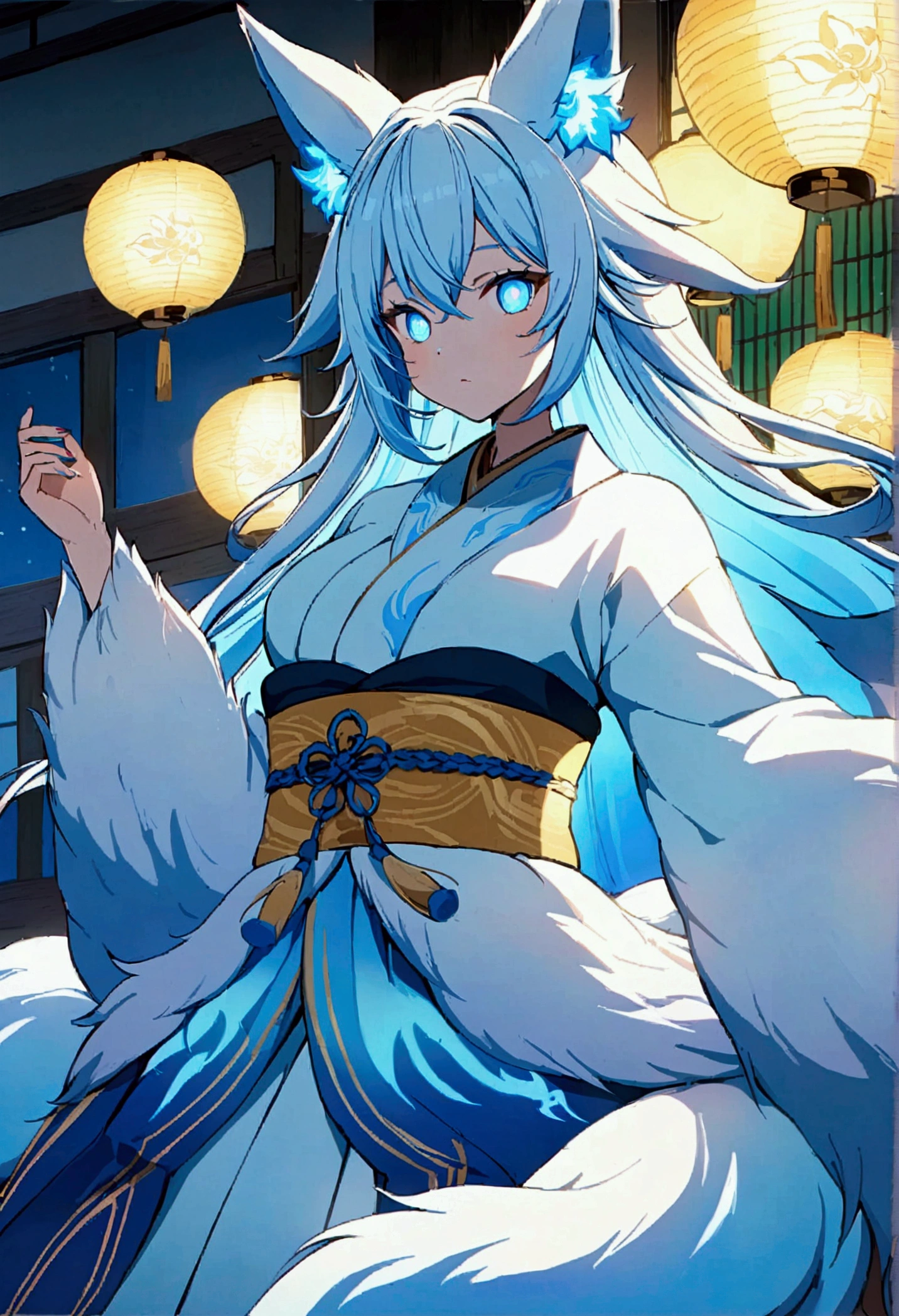 fox Light blue hair 　beast girl　indigo fur　fox beast girl　fox Light blue hair 　beast girl　indigo fur　fox beast girl　Wallpaper 4k,8k,highly detailled,,vivid colors,detailed kitsune with 9 tails,traditional Japanese artwork,tatami floor,beautiful cherry blossoms,floating lanterns,dark silhouette of a pagoda,subtle moonlight,dense forest,ethereal atmosphere,dappled sunlight,whimsical spirit,serene expression,elaborate kimono and obi,delicate hand-painted details,luminous eyes　Anime Style　fox　blue　White-faced golden-haired nine-tailed fox　Coat blue　　fox Light blue hair 　beast girl　indigo fur　fox beast girl　Anime Style　fox　blue　White-faced golden-haired nine-tailed fox　Coat blue　　　mysterious background　Blue Flame　girl　have a ball of light　fox Light blue hair 　beast girl　indigo fur　fox beast girl　mysterious background　Blue Flame　girl　have a ball of light Anime Style　fox　blue　White-faced golden-haired nine-tailed fox　Coat blue　　　mysterious background　Blue Flame　girl　have a ball of light
