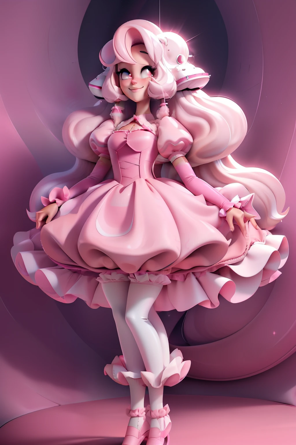 pnkdamond, pink hair, pink eyes, big hair, stomach gem, pink skin, toned,
puffy short sleeves, elbow gloves , white thighhighs, puffy dress,
standing, upper body,
outerspace,
(insanely detailed, beautiful detailed face,beautiful detailed eyes, masterpiece, best quality) cinematic lighting, smile,