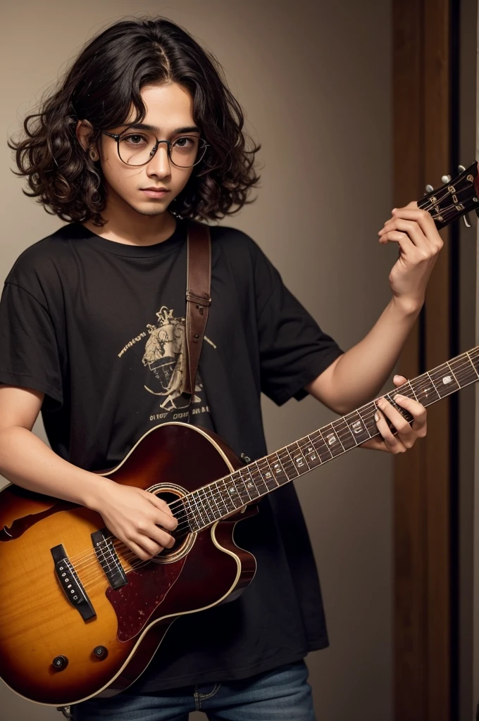 brown boy,shoulder length curly hair, with glasses, dark loose clothing, Playing guitar